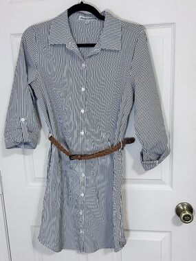 Almost Famous Black and White Pinstripe Button Up Dress with Belt| Size M